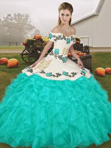 Ideal Turquoise Organza Lace Up Off The Shoulder Sleeveless Floor Length Quinceanera Dresses Embroidery and Ruffles