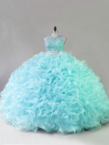 Fitting Sleeveless Floor Length Beading Zipper Quinceanera Dresses with Blue