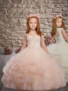 Peach Ball Gowns Straps Sleeveless Tulle Brush Train Lace Up Beading and Appliques and Ruffles Child Pageant Dress