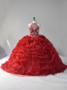 Sexy Wine Red Lace Up Sweet 16 Dresses Beading and Pick Ups Sleeveless Court Train
