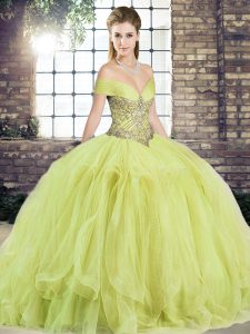 Eye-catching Floor Length Yellow Green Quince Ball Gowns Off The Shoulder Sleeveless Lace Up
