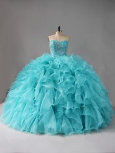 Best Selling Organza Sweetheart Sleeveless Lace Up Beading and Ruffles Sweet 16 Quinceanera Dress in Aqua Blue
