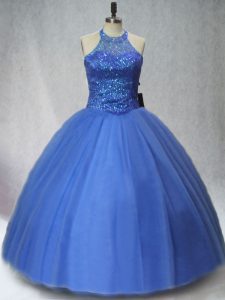 Blue Ball Gowns Tulle Halter Top Sleeveless Beading Floor Length Lace Up Quinceanera Gown