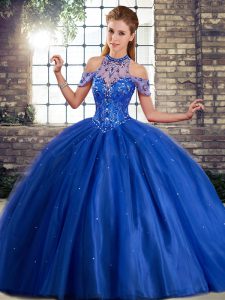 Royal Blue Lace Up Halter Top Beading Ball Gown Prom Dress Tulle Sleeveless Brush Train