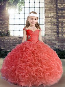 Wonderful Straps Sleeveless Lace Up Kids Formal Wear Red Fabric With Rolling Flowers