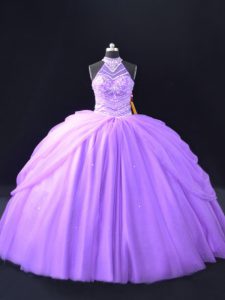 Lovely Lavender Ball Gowns Halter Top Sleeveless Tulle Floor Length Beading and Pick Ups Quinceanera Gowns