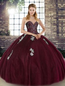 Tulle Sweetheart Sleeveless Lace Up Beading and Appliques Quinceanera Gown in Burgundy