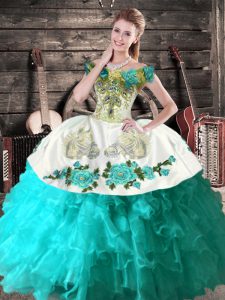 Aqua Blue Sleeveless Organza Lace Up Quince Ball Gowns for Sweet 16 and Quinceanera