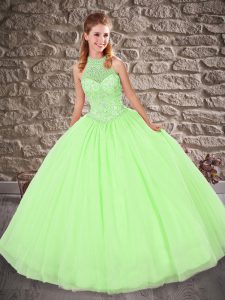 Ball Gowns Tulle Halter Top Sleeveless Beading Floor Length Lace Up Ball Gown Prom Dress