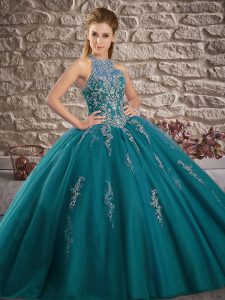 Ball Gowns Sleeveless Teal Quince Ball Gowns Brush Train Lace Up