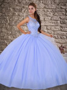 Captivating Scoop Sleeveless Ball Gown Prom Dress Brush Train Beading Lavender Tulle