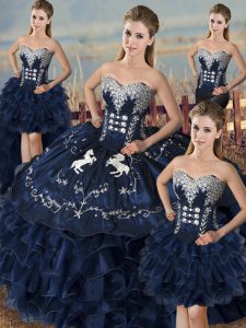 Fancy Navy Blue Sleeveless Floor Length Embroidery and Ruffles Lace Up Quince Ball Gowns