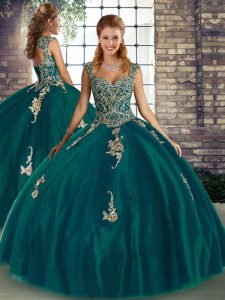 Beauteous Peacock Green Lace Up Straps Beading and Appliques Quinceanera Gown Tulle Sleeveless