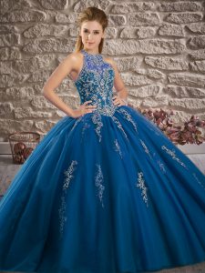 Tulle Halter Top Sleeveless Brush Train Lace Up Beading and Appliques Sweet 16 Quinceanera Dress in Blue