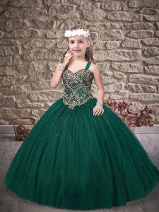 Sleeveless Beading Lace Up Little Girl Pageant Gowns with Dark Green Sweep Train