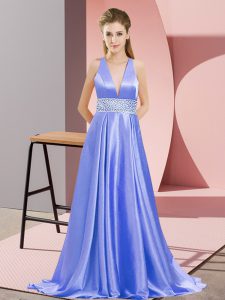 Lavender V-neck Backless Beading Dress for Prom Brush Train Sleeveless