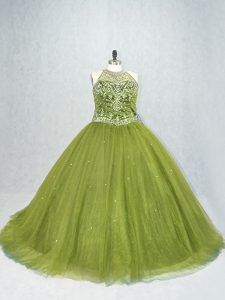 Super Scoop Sleeveless Tulle Ball Gown Prom Dress Beading Brush Train Lace Up
