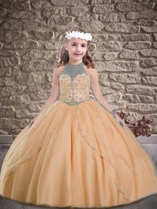 Orange Lace Up Halter Top Beading Girls Pageant Dresses Tulle Sleeveless Sweep Train