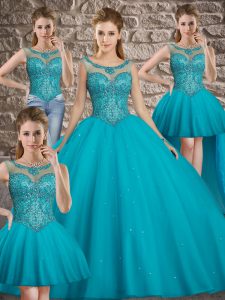 Sumptuous Teal Scoop Neckline Beading Sweet 16 Dresses Sleeveless Lace Up