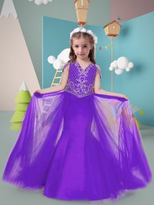 Fashionable Purple Zipper Child Pageant Dress Beading Sleeveless Sweep Train