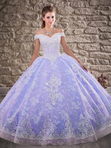 Edgy Beading and Appliques 15 Quinceanera Dress Lavender Lace Up Sleeveless Brush Train
