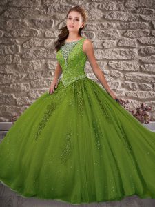Beautiful Olive Green Sleeveless Brush Train Beading and Appliques Quinceanera Gown