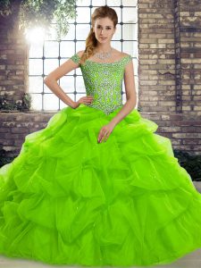 Ball Gowns Tulle Off The Shoulder Sleeveless Beading and Pick Ups Lace Up Quinceanera Dress Brush Train