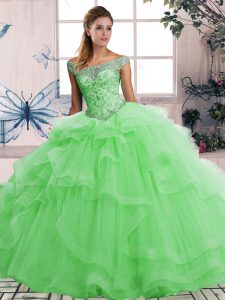Green Off The Shoulder Lace Up Beading and Ruffles Quinceanera Gowns Sleeveless