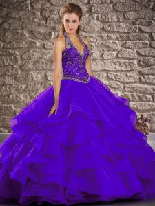 Purple Vestidos de Quinceanera Tulle Brush Train Sleeveless Beading and Ruffles