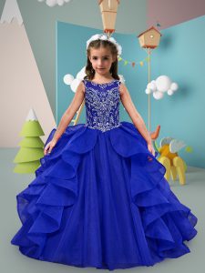 On Sale Tulle Sleeveless Little Girls Pageant Dress Wholesale Sweep Train and Beading and Ruffles