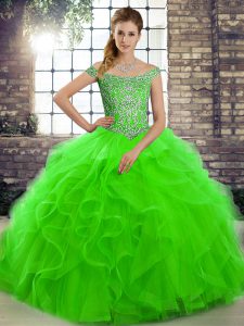 Stylish Sleeveless Tulle Brush Train Lace Up Sweet 16 Dress in Green with Beading and Ruffles