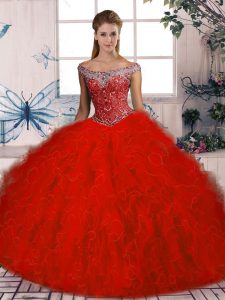 Classical Beading and Ruffles Quinceanera Gown Red Lace Up Sleeveless Brush Train