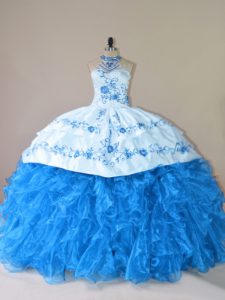 Graceful Blue Organza Lace Up Quinceanera Gown Sleeveless Court Train Embroidery and Ruffles