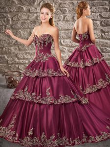 Pretty Burgundy Ball Gowns Sweetheart Sleeveless Satin Brush Train Lace Up Appliques Quinceanera Dresses