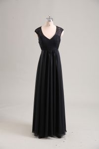 Delicate Cap Sleeves Chiffon Floor Length Zipper Prom Dress in Black with Lace