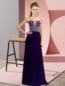 Purple Empire Beading Prom Party Dress Lace Up Chiffon Sleeveless Floor Length