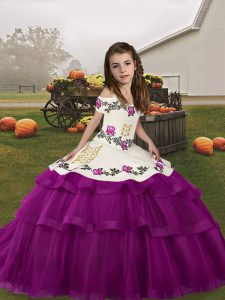 Straps Sleeveless Little Girl Pageant Gowns Floor Length Embroidery and Ruffled Layers Purple Tulle