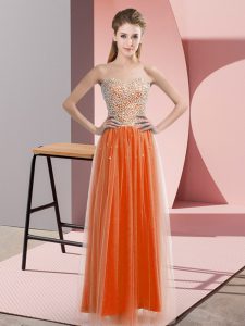 Orange Red Tulle Lace Up Sweetheart Sleeveless Floor Length Prom Dress Beading