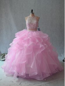 Pink Sleeveless Beading and Ruffles Floor Length Quince Ball Gowns