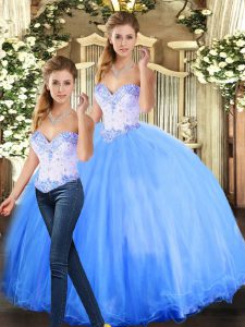 Stunning Sweetheart Sleeveless Lace Up Quinceanera Dress Blue Tulle