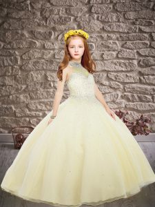 Lace Up Pageant Gowns For Girls Light Yellow for Wedding Party with Beading Brush Train