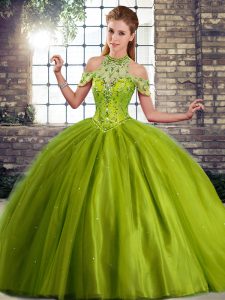 Olive Green Ball Gowns Beading Sweet 16 Dresses Lace Up Tulle Sleeveless