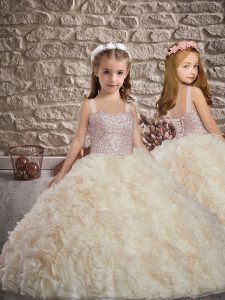 Adorable Champagne Sleeveless Sweep Train Beading Little Girl Pageant Dress