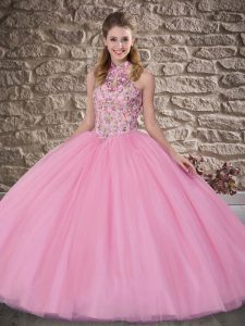 Rose Pink Quinceanera Dresses Tulle Brush Train Sleeveless Embroidery