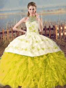 Artistic Yellow Green and Yellow Quinceanera Gowns Halter Top Sleeveless Court Train Lace Up