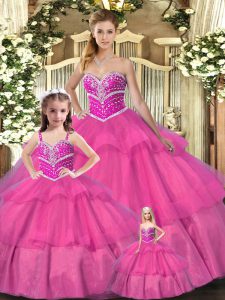 Cheap Hot Pink Sweetheart Lace Up Beading Quinceanera Dress Sleeveless