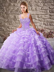 Ideal Organza Sleeveless 15 Quinceanera Dress Court Train and Beading and Ruffled Layers