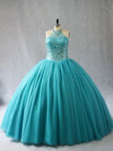 Brush Train Ball Gowns Vestidos de Quinceanera Aqua Blue Halter Top Tulle Sleeveless Lace Up