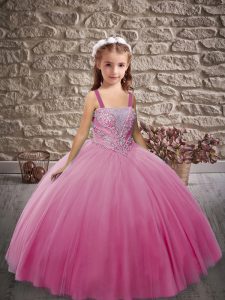Superior Floor Length Rose Pink Pageant Gowns Tulle Sleeveless Beading