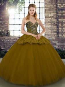Brown Lace Up Sweetheart Beading and Appliques 15th Birthday Dress Tulle Sleeveless